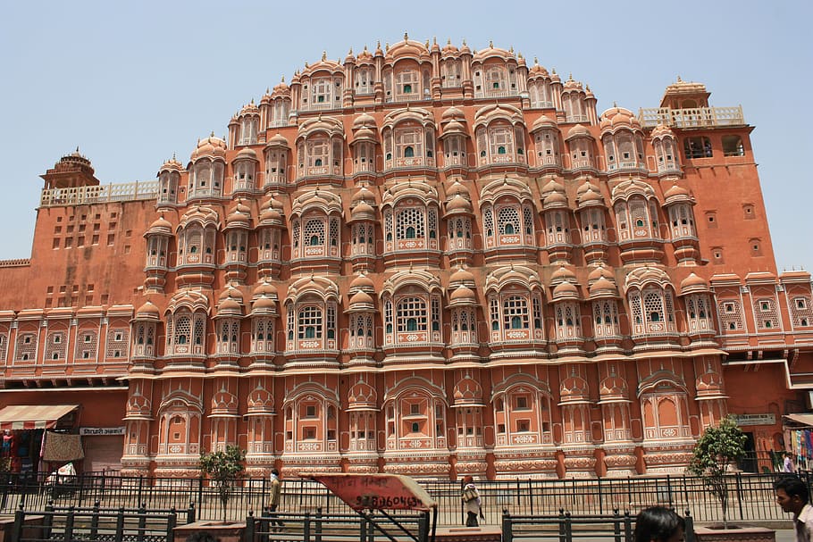 coklat, bertingkat tinggi, beton, bangunan, depan, hitam, pagar, Jaipur, India, Rajasthan