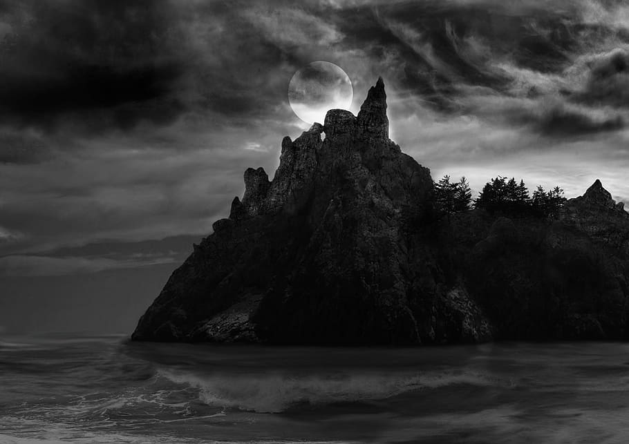 spooky island, island, spooky, ocean, sea, waves, clouds, black and white, moon, full moon