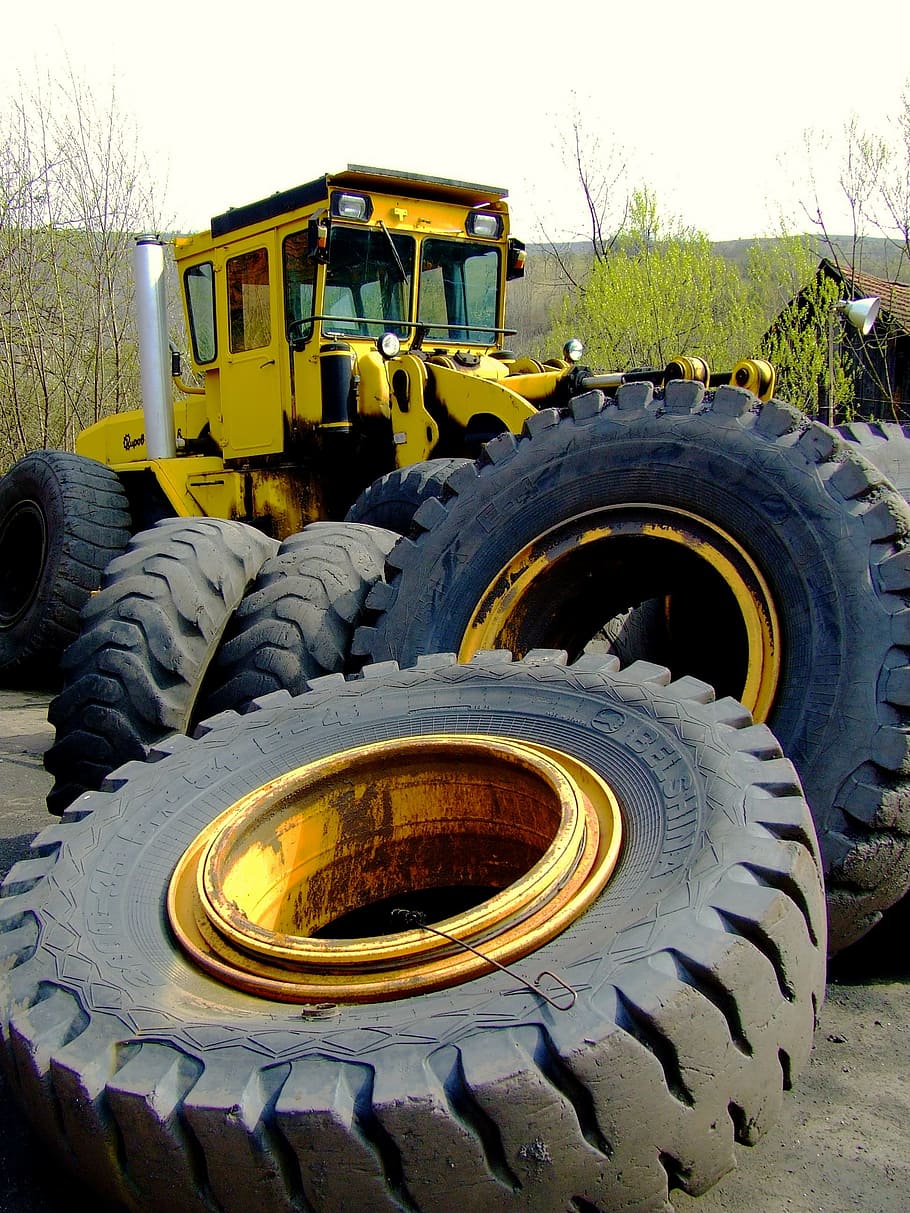 tractor, wheels, rubber tires, mining, yellow, machine, old, machinery, industrial, work