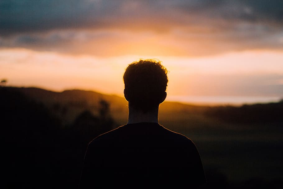 man, staring, sunset, people, silhouette, alone, shadow, clouds, one person, rear view | Pxfuel