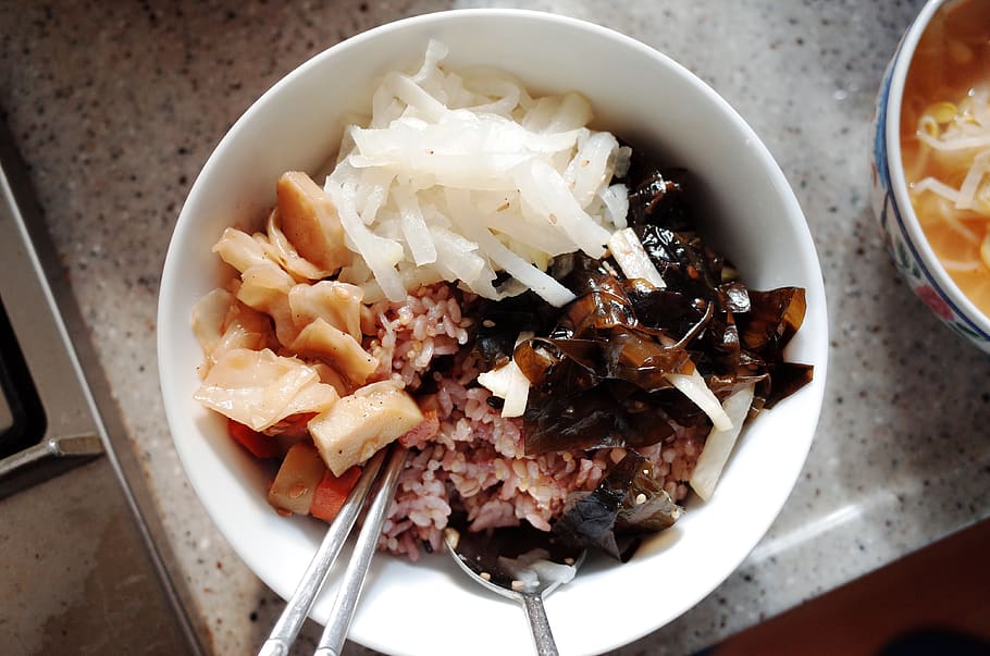 vegetarian, brown rice, wakame, moo, republic of korea, korean, bibimbap, vegan, food, food and drink
