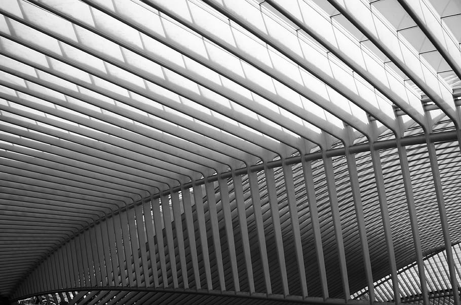 Arquitetura, Simetria, Construção, repetição, linhas, estação, Liège, ritmo, Branco preto, Cortiça-guillemins