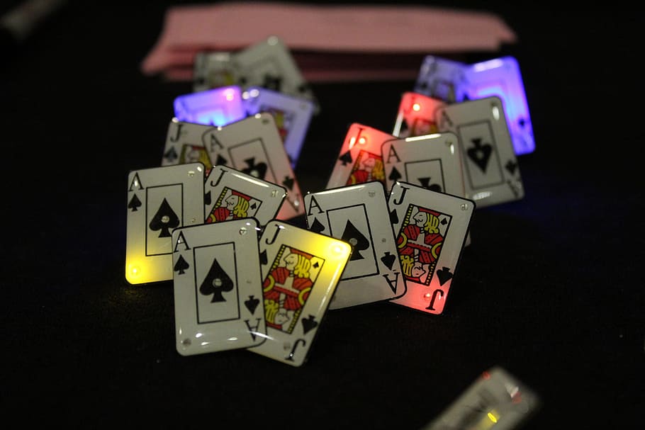 Poker, Pins, Ace, Cards, Lights, jack, indoors, technology, night, black background