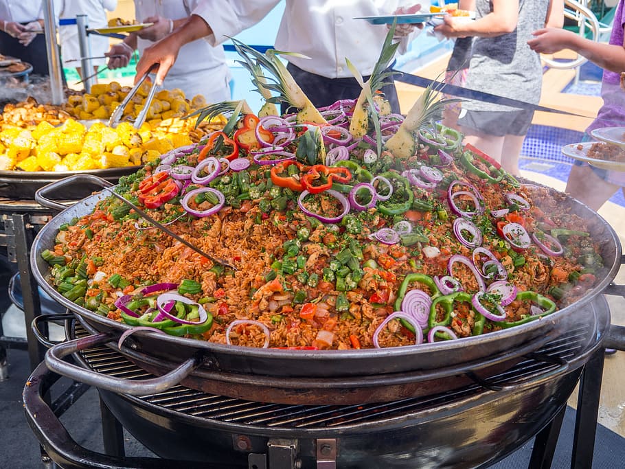 Rice, Bbq, Party, Barbecue, Food, Onions, peppers, green, seafood, paella