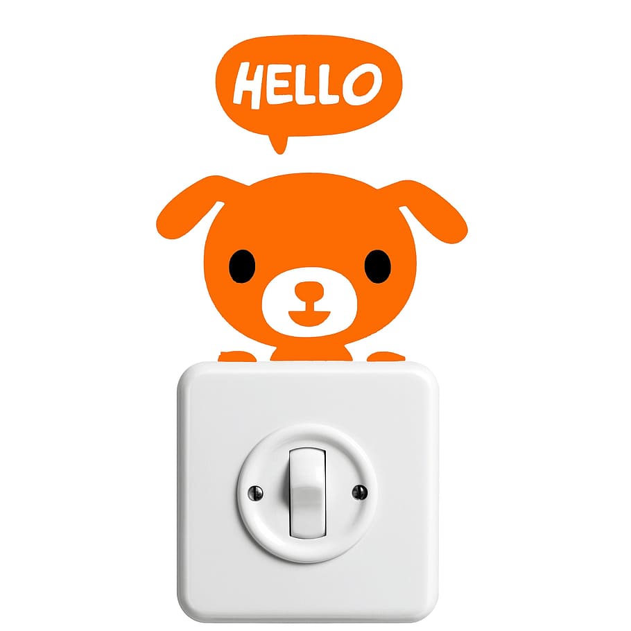 white, power switch, text overlay, sticker, dog, hello, light switch, funny, welbe, communication