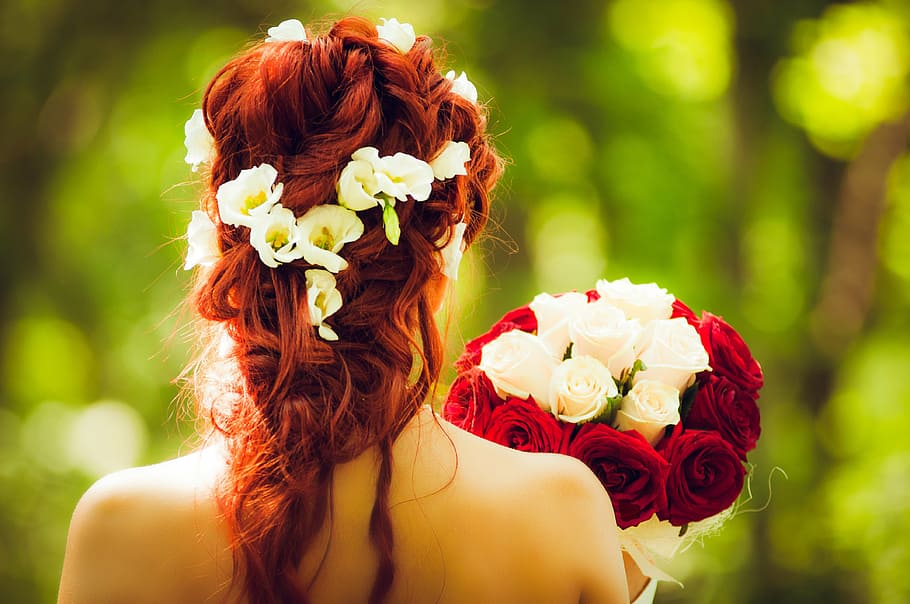 女性, 保持, 赤, 白, 花束, インスタグラム, 結束, 結婚式, 花, 髪