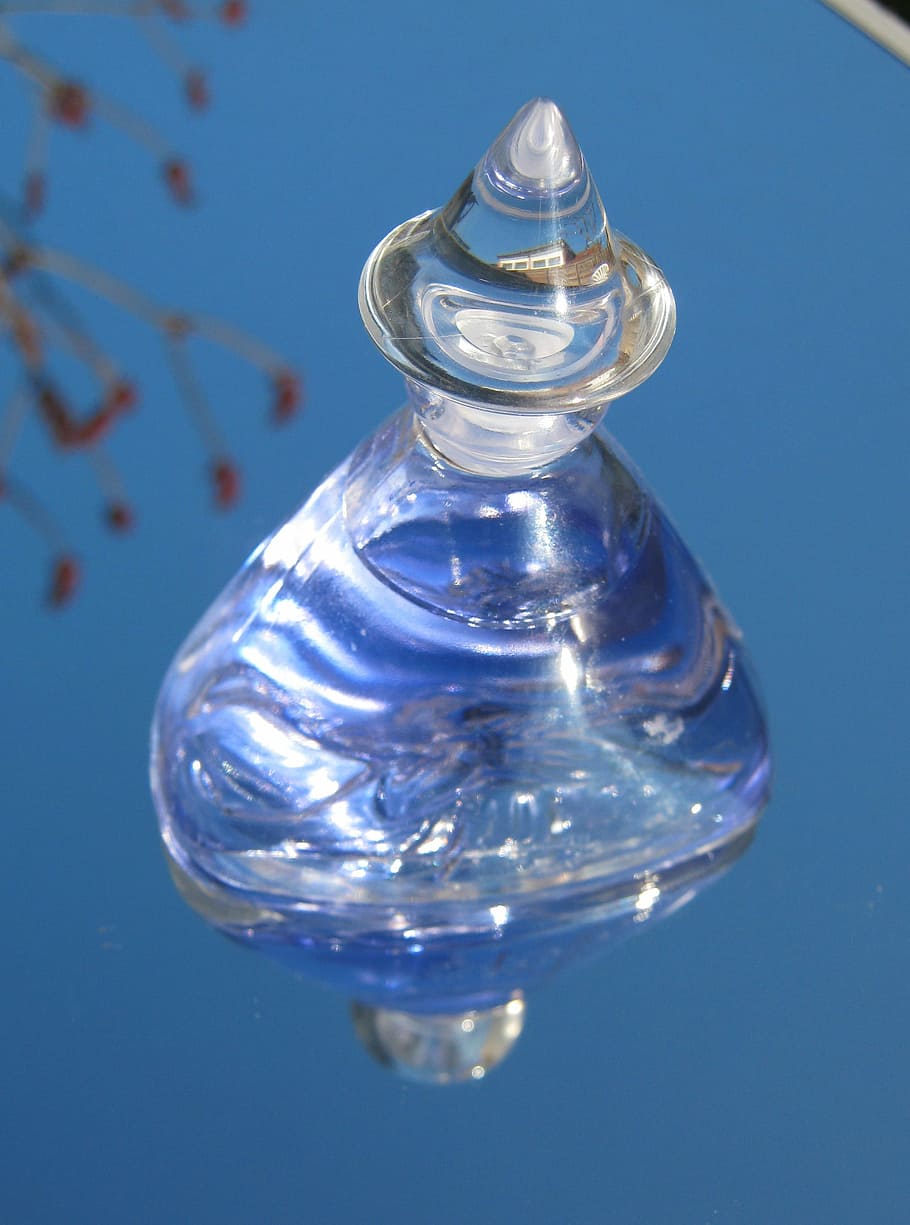 Bottle, Perfume, blue, reflecting, scented, perfume sprayer, glass - material, transparent, close-up, reflection