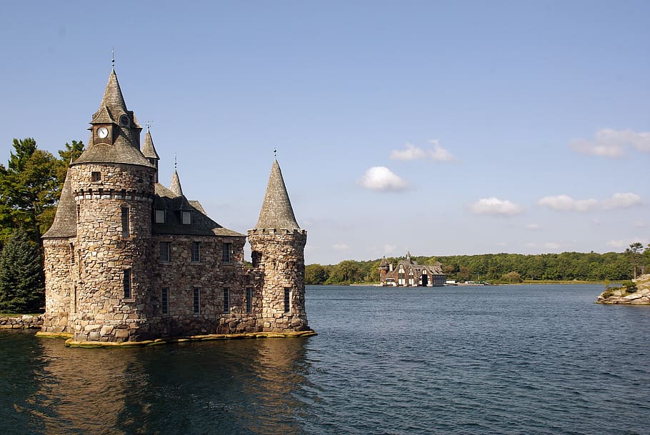 gray, concrete, castle, body, water, daytime, body of water, canada, usa, thousand islands