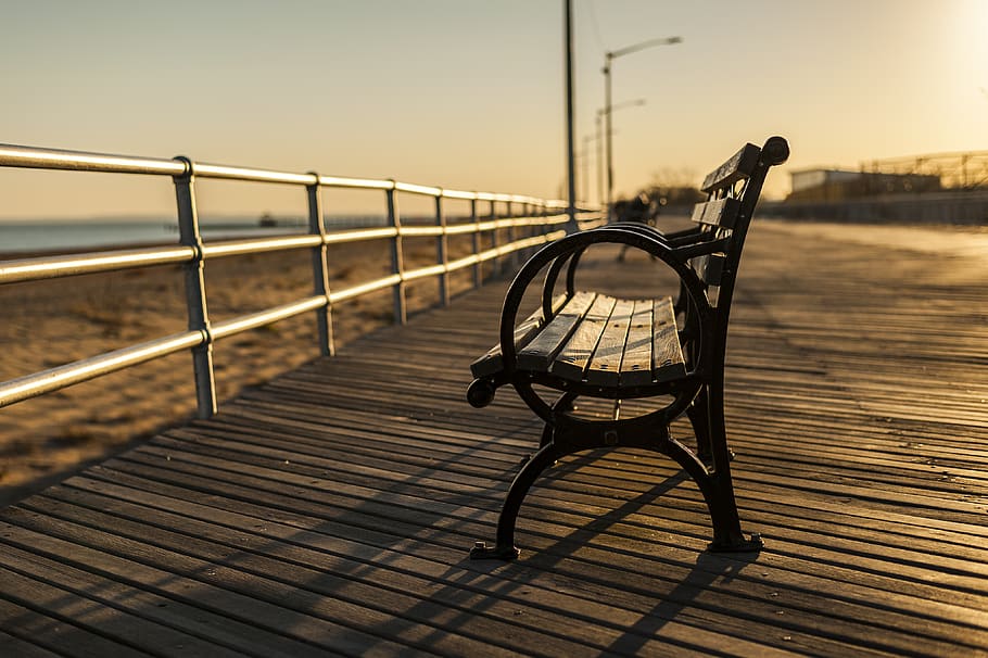 bench, boardwalk, wood, beach, sand, ocean, sea, sunset, dusk, sky