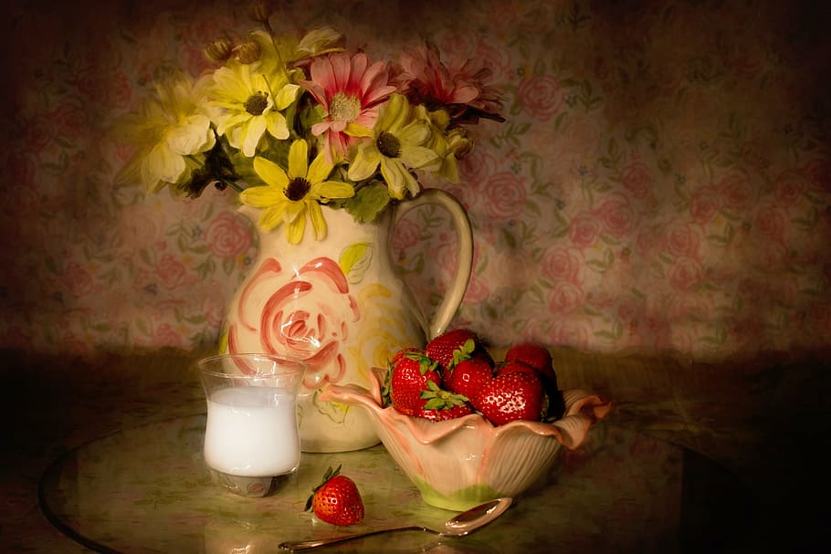 bunch, strawberries, flowers, bowl, vase painting, still-life, strawberries in a bowl, cream, table setting, fruit