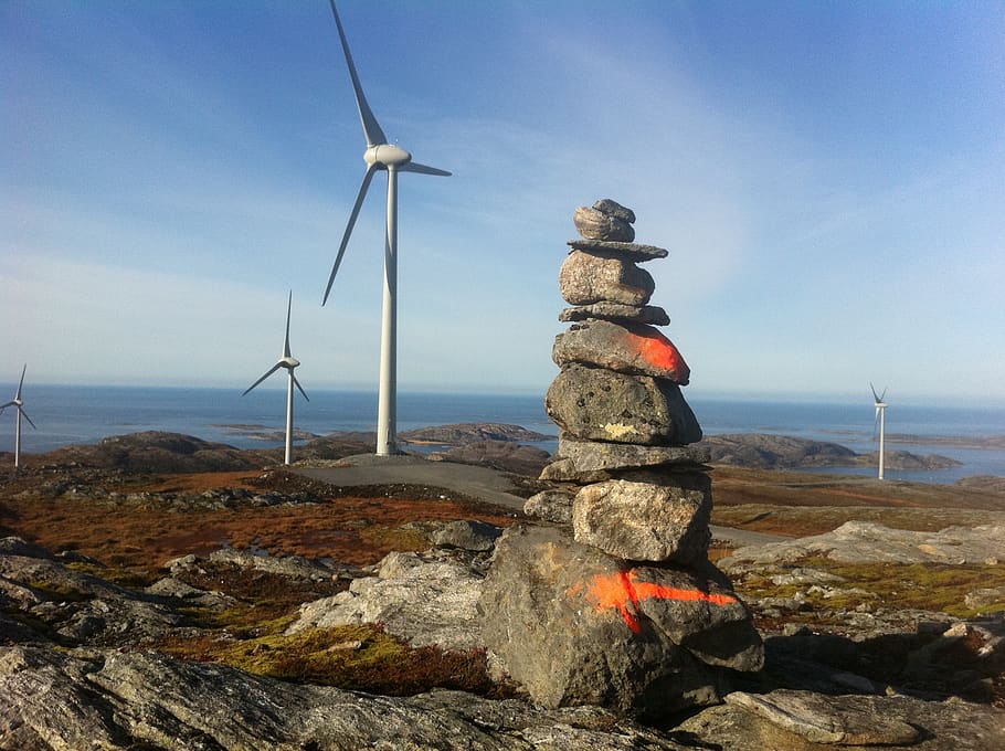windmill, wind farm, mountain, stone tower, cairn, tradition, contrasts, summer, bessaker, the nature of the