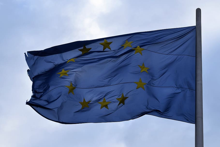Eu, bandera, europeo, unión, símbolo, euro, viento, agitando, ventoso, azul