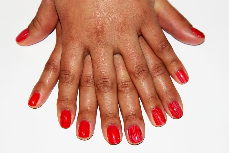red, nail, polished, manicure, artistic nails, fashion, natural background, decorated nails, human hand, nail polish