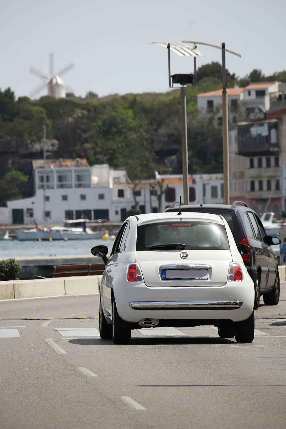 Fiat 500, Mahon, Menorca, places of interest, port rovereto, mao, beach promenade, car, transportation, street