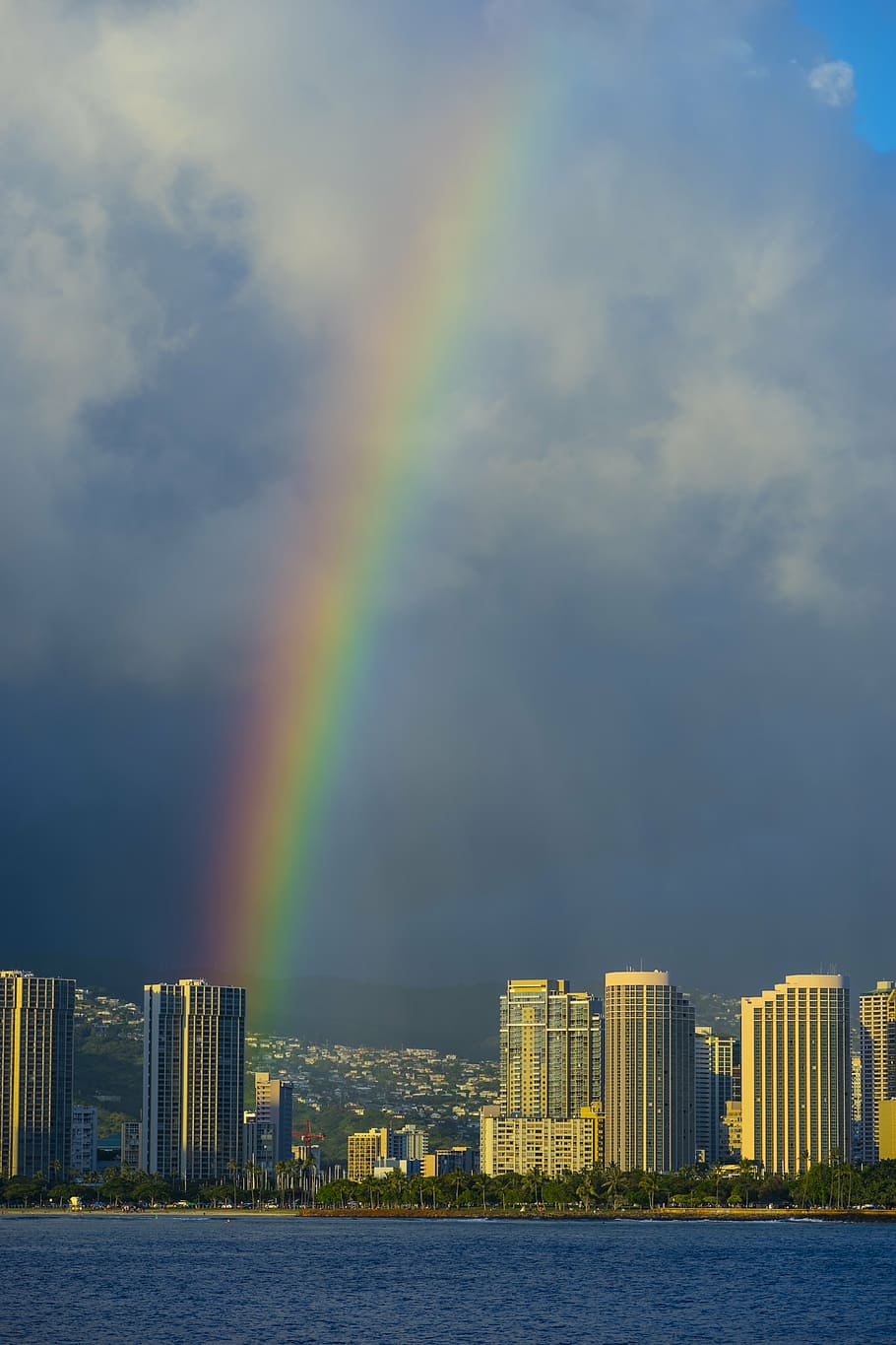 high, rise buildings, rainbow photography, rainbow, hawaii, views, seascape, landscape, sea, building exterior