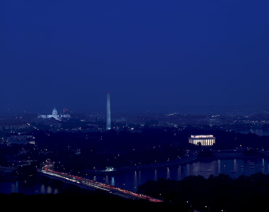 Washington DC, horizonte, paisaje urbano, río, edificio del Capitolio, monumento a Washington, Lincoln Memorial, urbano, anochecer, crepúsculo