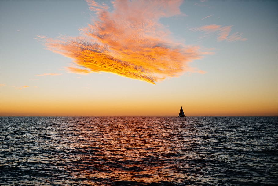 sail, boat, body, water, middle, sea, white, skies, sailboat, sunset