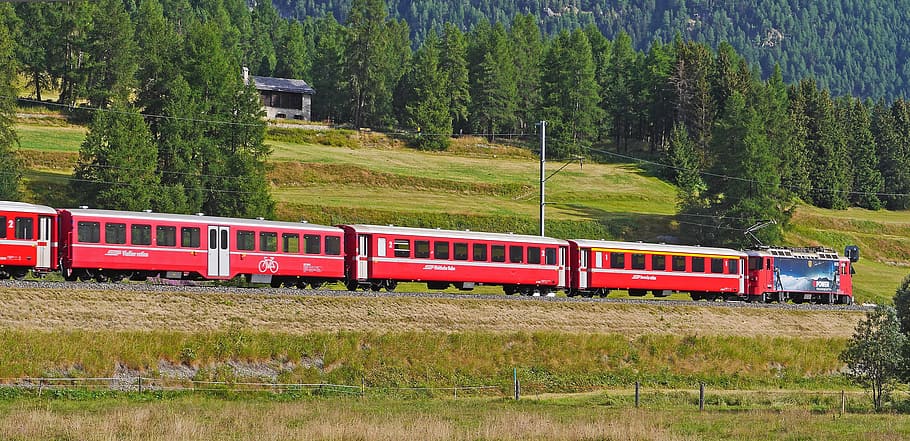 Ferrocarriles de Retia, Engadin, mañana de verano, Suiza, Graubünden, tren regional, ladera de montaña, línea de ferrocarril, ferrocarril, alpino