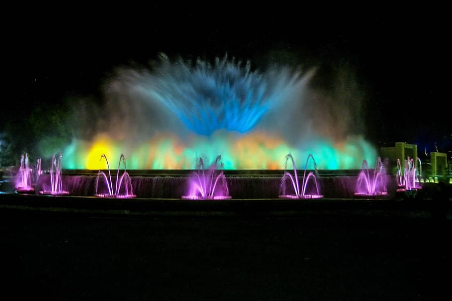 魔法の泉, モンジュイック, バルセロナ, スペイン, モンジュイックの魔法の泉, デザイン, 噴水, 写真, ライト, 夜