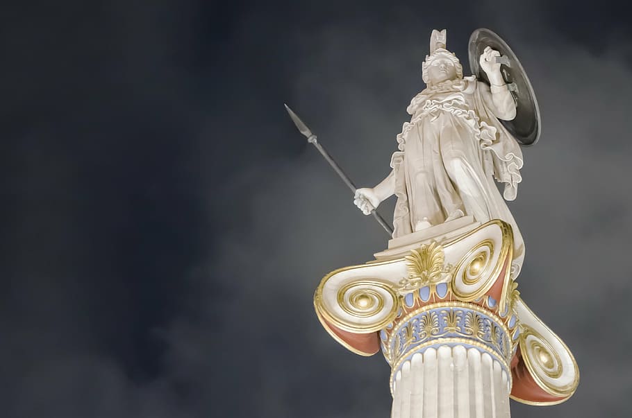 vista da estátua de athena, base, noite, bondade, athena, europa, atenas, mitologia, arquitetura, cultura