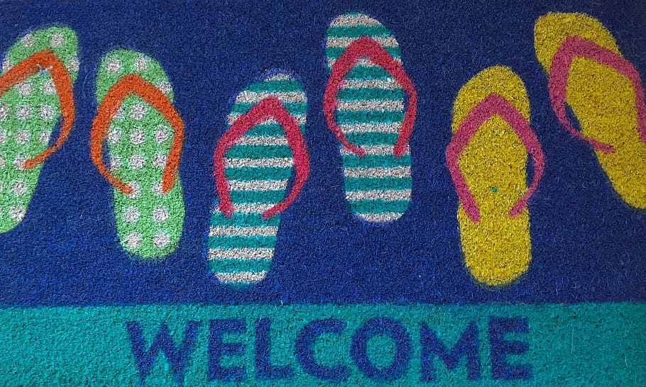 three, pair, assorted-color flip-flop door mat, welcome, mat, beach, relax, vacation, chill, summer