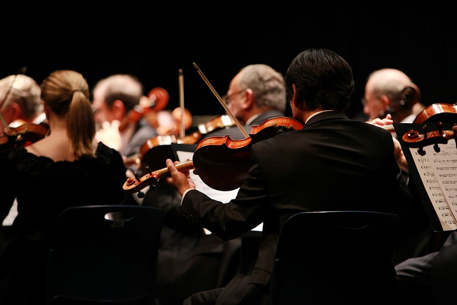 orchestra, symphony, stage, performing, performances, concerts, music, violin, musician, performance