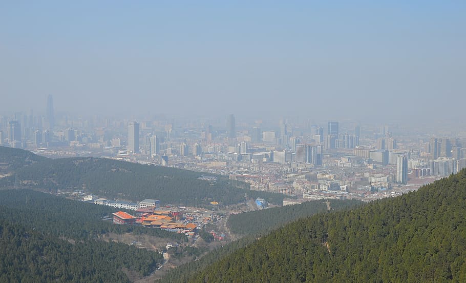 aerial, shot, buildings, Mountain, City, China, Pollution, Smog, mountain, city, valley