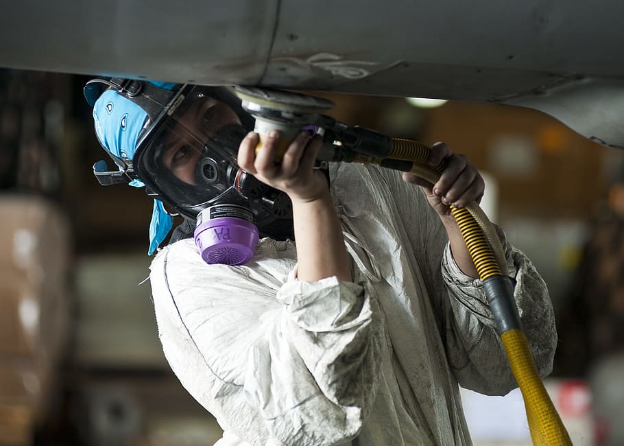person, using, angle grinder, construction, metal, grinder, plane, airplane, military, air force