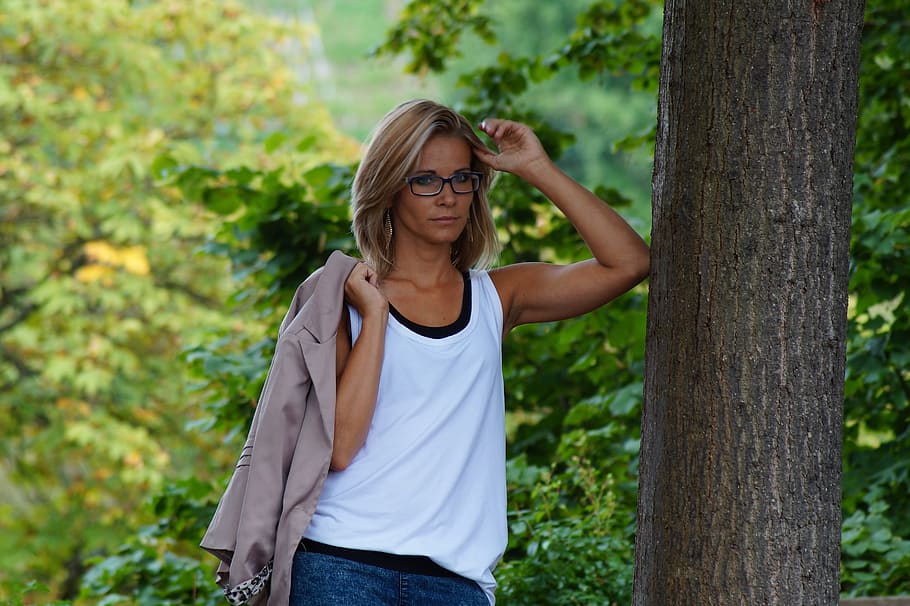 woman, white, tank, top, standing, leaning, tree, daytime, photography, tank top
