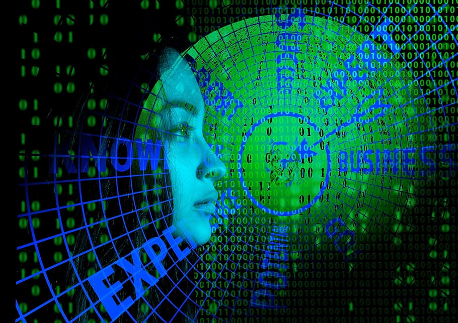 Mujer, cara, binario, efectos de matriz de códigos, tecnología, resumen, datos, gráfico de computadora, computadora, futurista