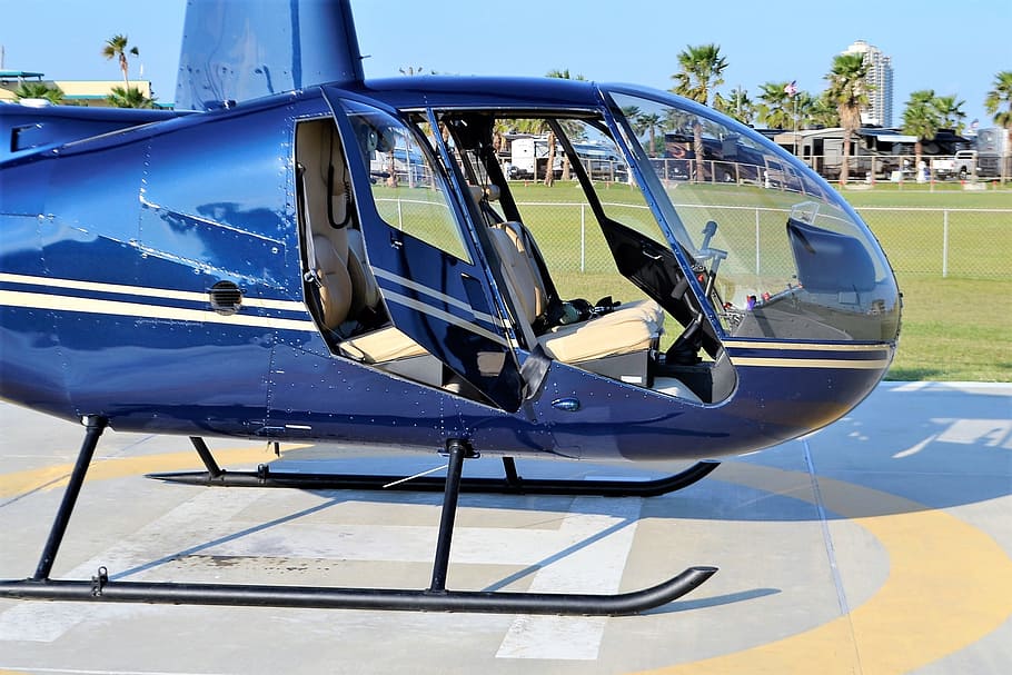 azul, helicóptero, helipuerto, galveston, texas, paseo marítimo, aviación, vuelo, aterrizado, aeronave