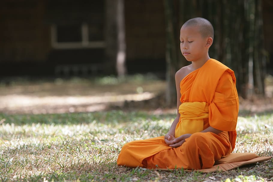 boy, wearing, orange, dress, novice, buddhist, meditate, wat, phra dhammakaya, temple