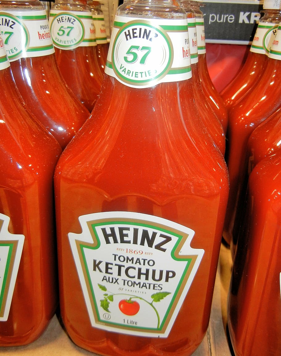 heinz tomato ketchup bottles, ketchup, heinz, tomatoes, sugar, food, retail, consumerism, price tag, close-up