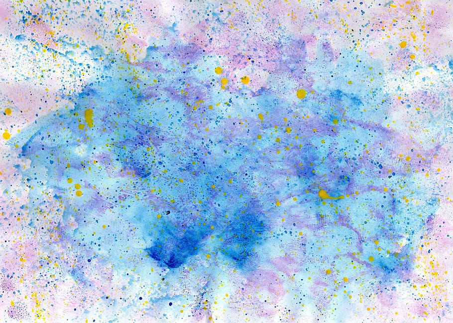 pink, blue, yellow, purple, abstract, artwork, splatter, watercolour paint, multi-coloured, background