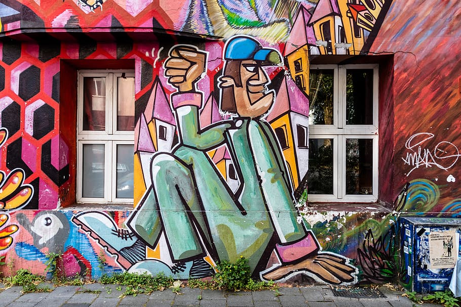 Grafitti, Düsseldorf, Pine Street, Flingern, casa, colorido, pintado, arte, arquitectura, edificio