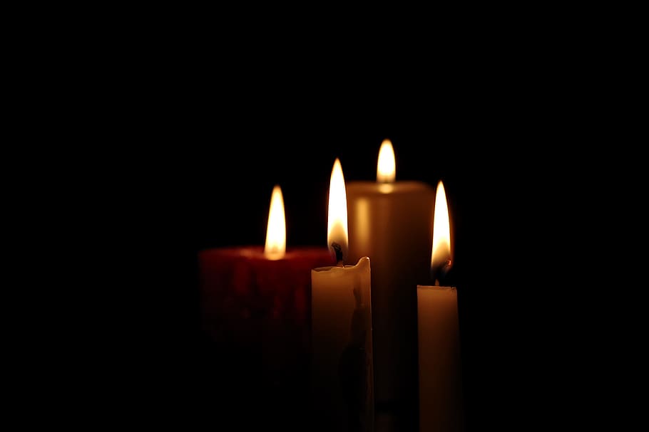 four lighted candles, candle, light, all souls ' day, memory, the tomb of, all saints ' day, bereavement, tombstone, the dead