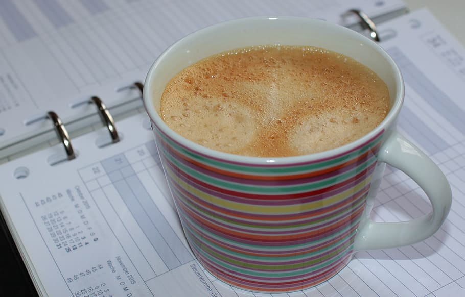 brown, liquid, filled, white, multicolored, cup, notebook, cup of coffee, appointment calendar, coffee break