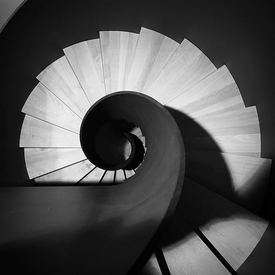 grayscale photo, spiral stairs, stairs, black and white, architecture, gradually, spiral staircase, stair step, modern, staircase