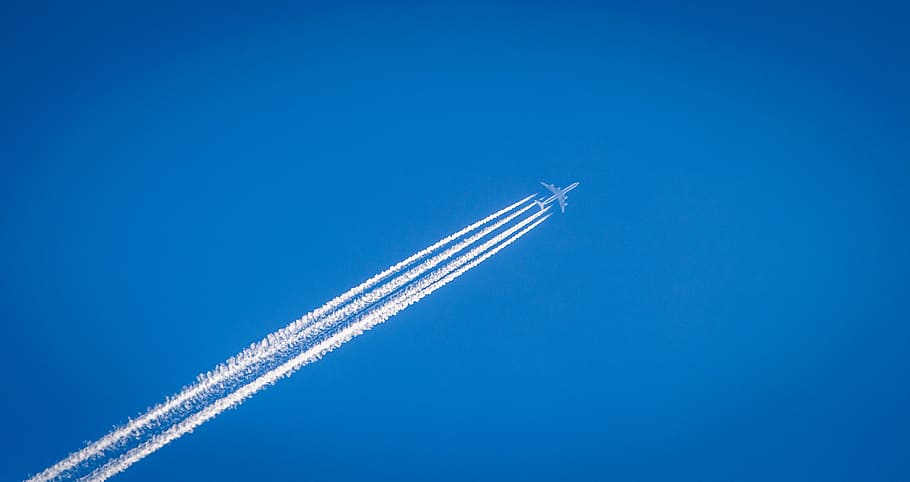 white, plane, smoke trail, contrails, trail, airplane, blue, sky, flight, aviation