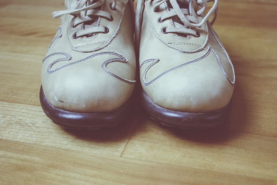 pair, brown, lace-up shoes, floor, shoes, footwear, pattern, indoors, two objects, shoe