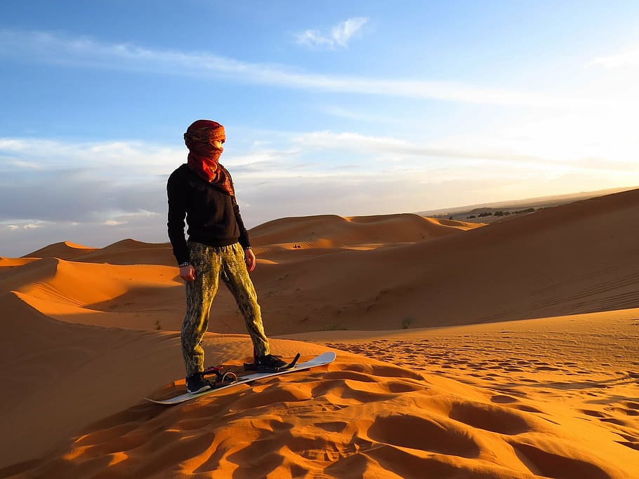 man, riding, board, white, standing, desert, daytime, morocco, algeria, sand dunes