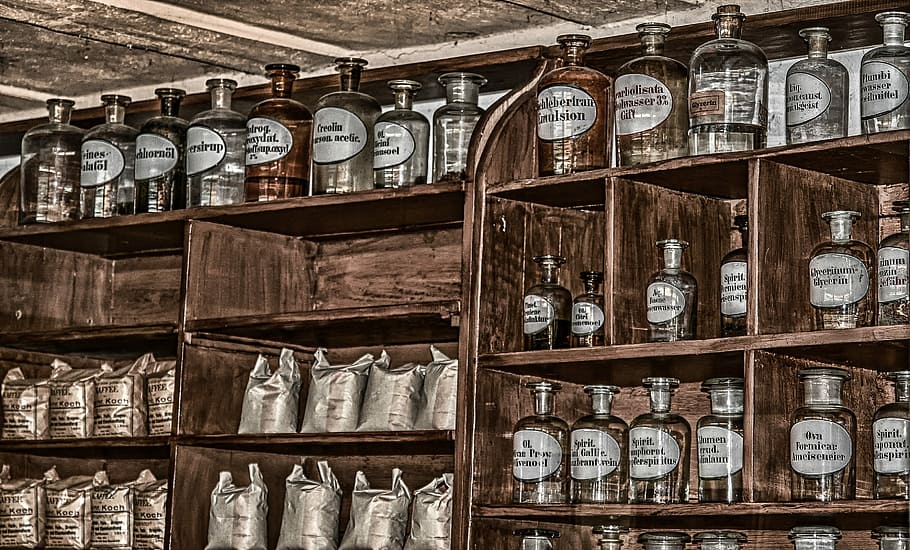 bottle, sachet lot, shelf, pharmacy, antique, old, chemicals, bottles, glass bottles, budget