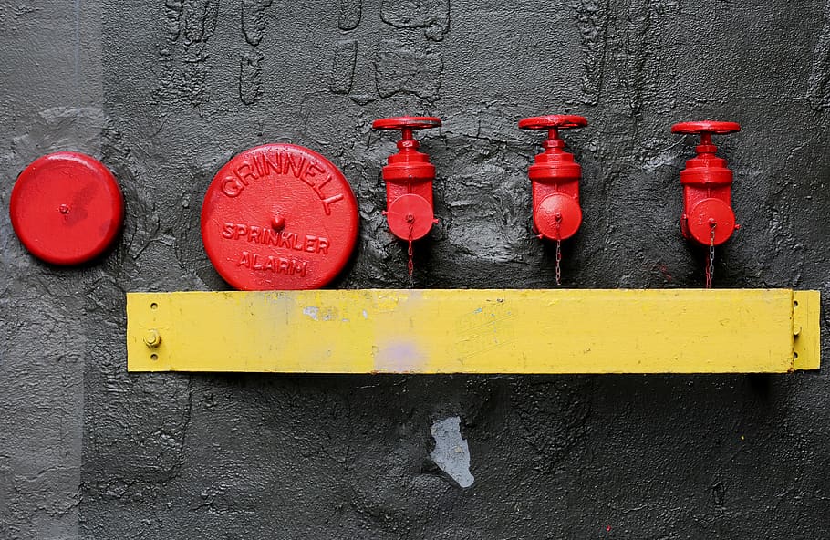 fire hydrant, alarm, sprinklers, red, yellow, wall, wall - building feature, safety, security, communication