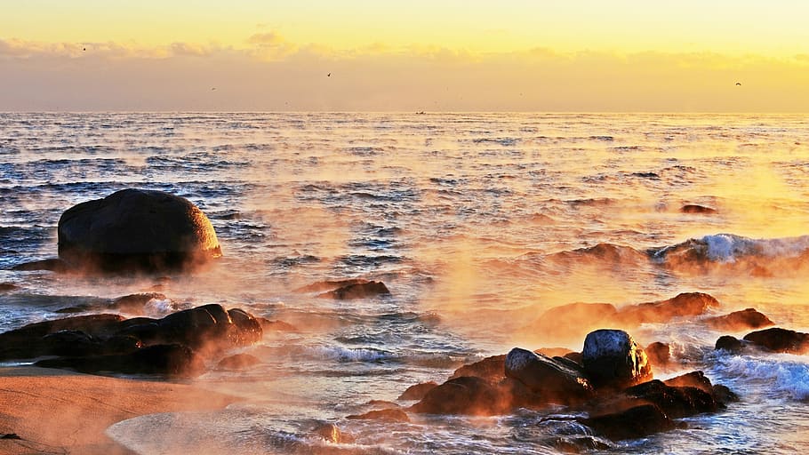 sunrise, dawn, heaven, silhouette, sea, nature, this type, between the tianjin airport, solid, rock