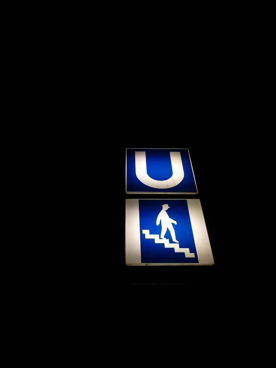 Subway Station, Sign, Underground, Metro, underground, metro, public transport, subway, stairway, neon sign, light