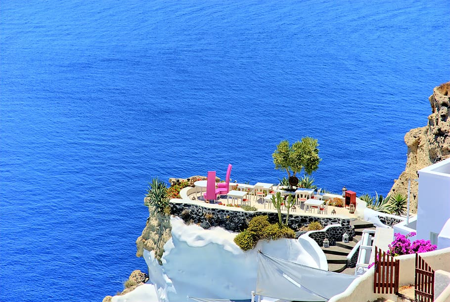 party setup, cliff, body, water, greece, santorini, beach, the sun, holidays, summer