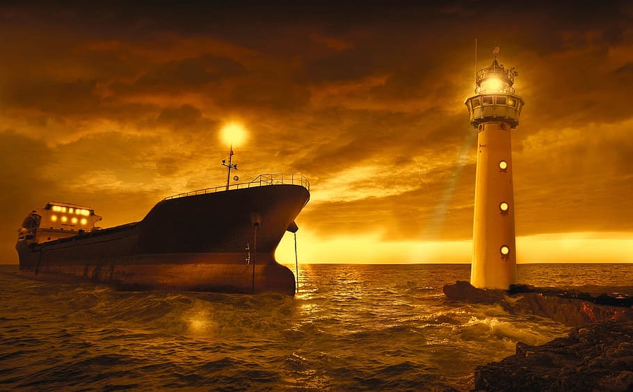 white, black, lighthouse, surrounded, body, water, cruiser ship, golden, hour, sea