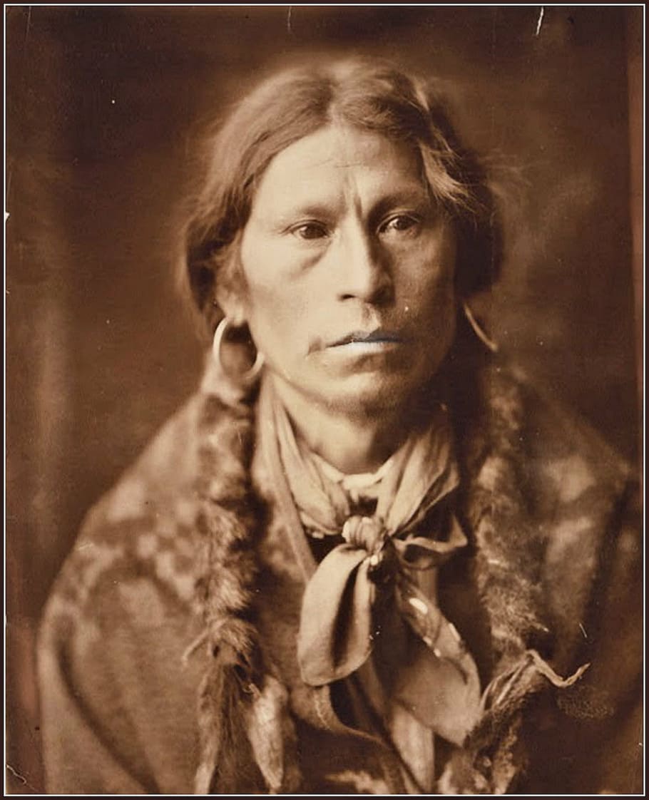 fêmea, nativo, foto americana, chefe garfield, indiano, velho, vintage, sépia, antiguidade, foto vintage