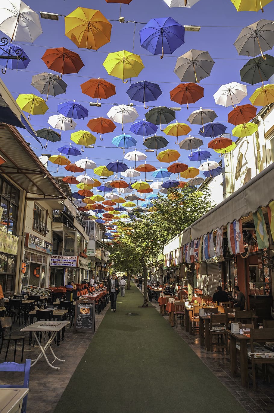 floating, umbrellas, alleyway, Umbrella, Street, Antalya, architecture, building exterior, built structure, outdoors
