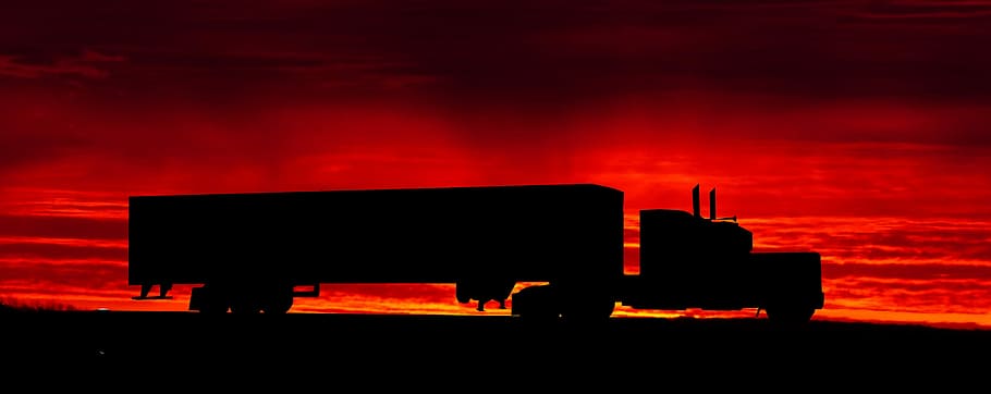 silhouette, freight truck, sunset, cut, twilight, evening, truck, american, color, darkness
